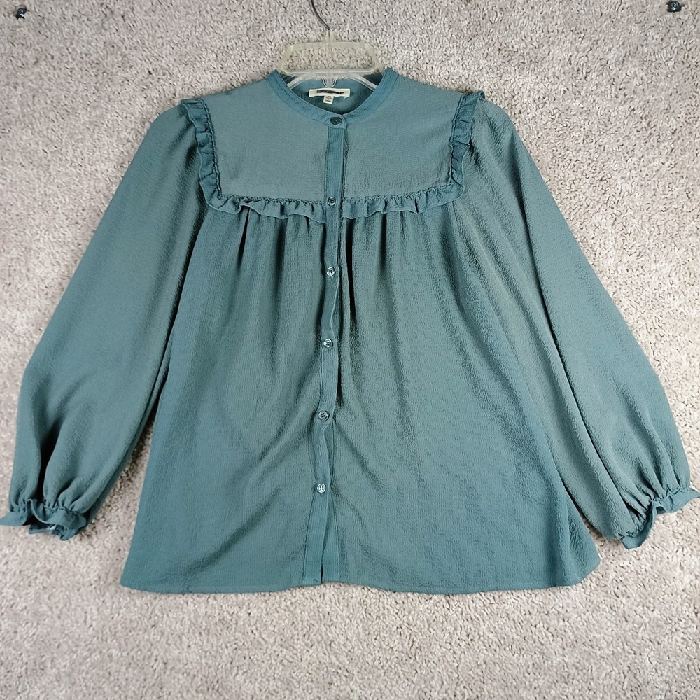 Max Studio XS Sage Green Ruffle Blouse Boho Peasant Top Button Front Long Sleeve